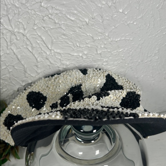JC Sequin Black and White/ Cream Hat Elastic Back Cowhide or Dalmatian Pattern - Picture 13 of 14